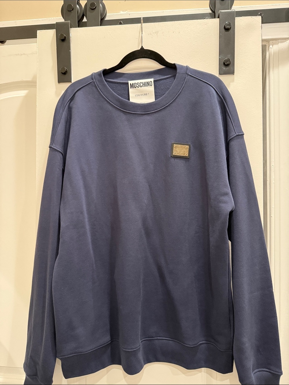Moschino Couture!  Men's Blue Crewneck Sweatshirt with Metal Logo Patch